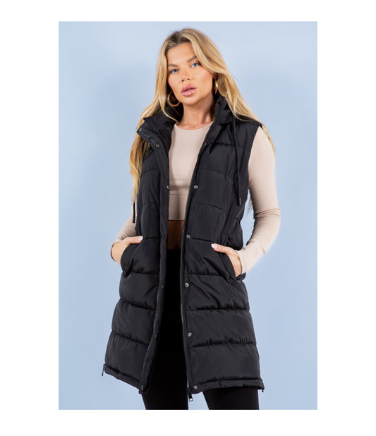 Long hooded puffer vest