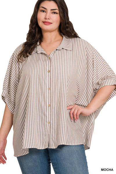 RAYON STRIPED SHORT SLEEVE BUTTON UP SHIRT - PLUS SIZE