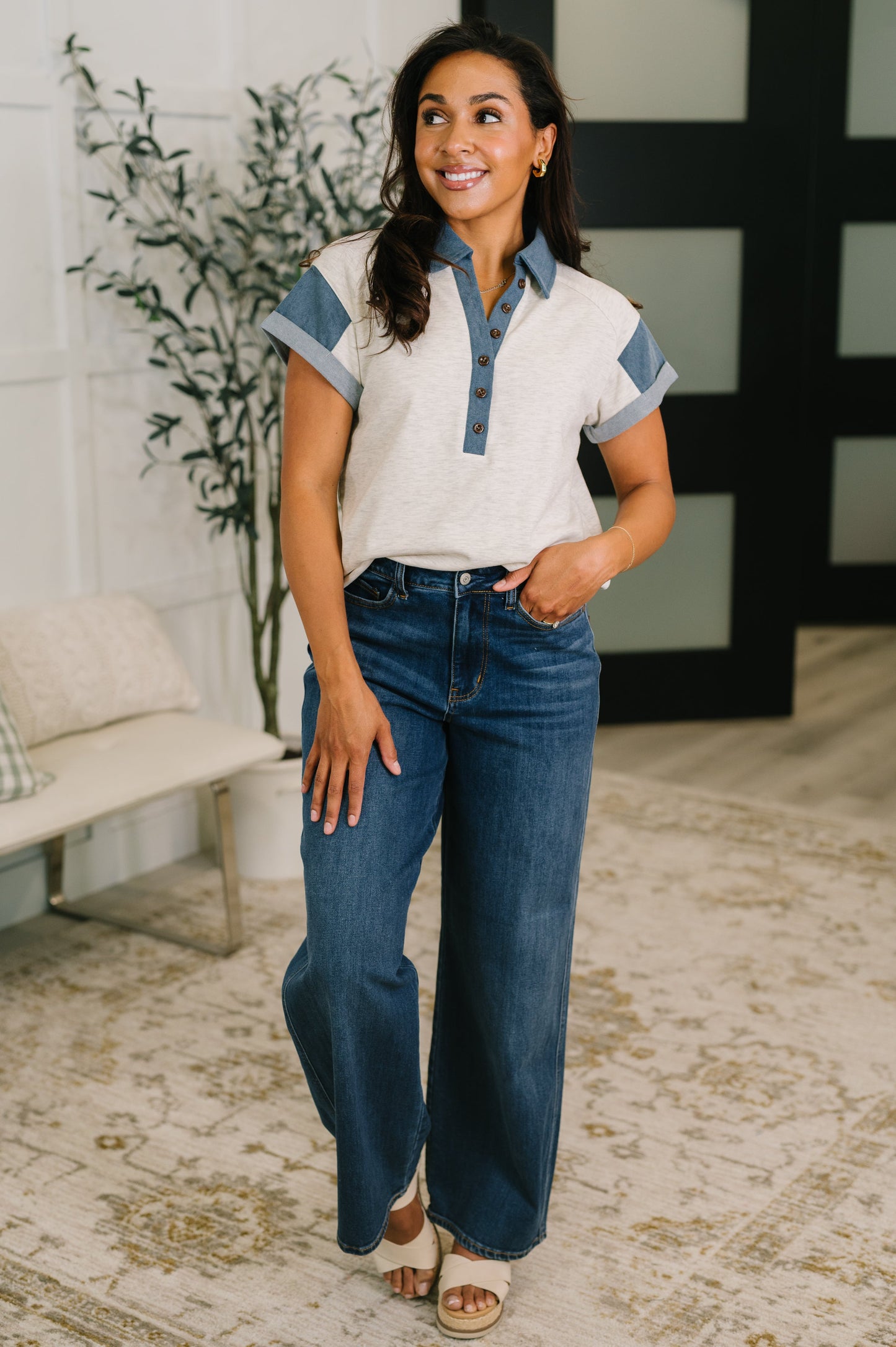 Knowing Me Collared Henley Top