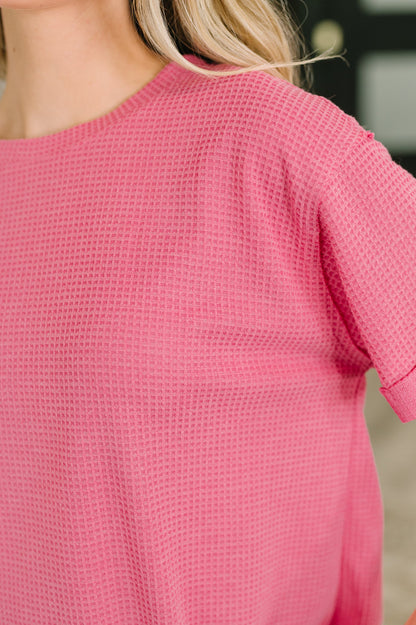Leave It to Me Waffle Knit Relaxed Tee in  Pink