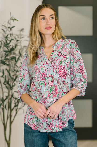 Lizzy Smock Top in Mint and Pink Floral Paisley
