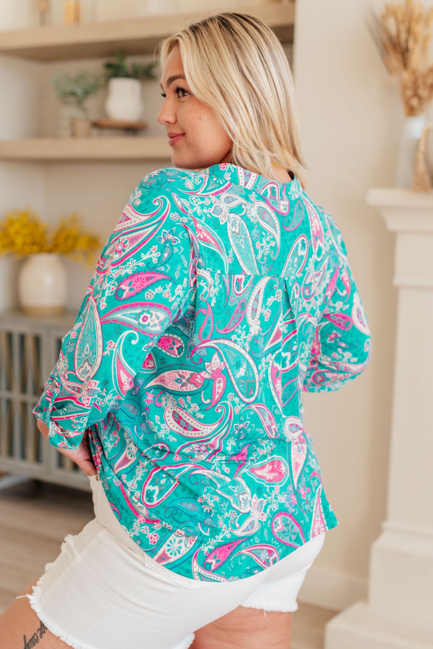 Lizzy Top in Aqua and Pink Paisley