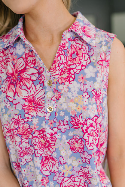 Sea Spray Collared Sleeveless Top in Falling Floral