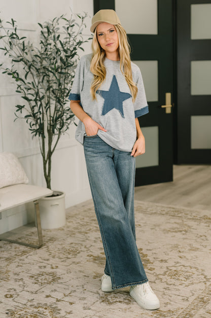 Star Stud Distressed Applique Top