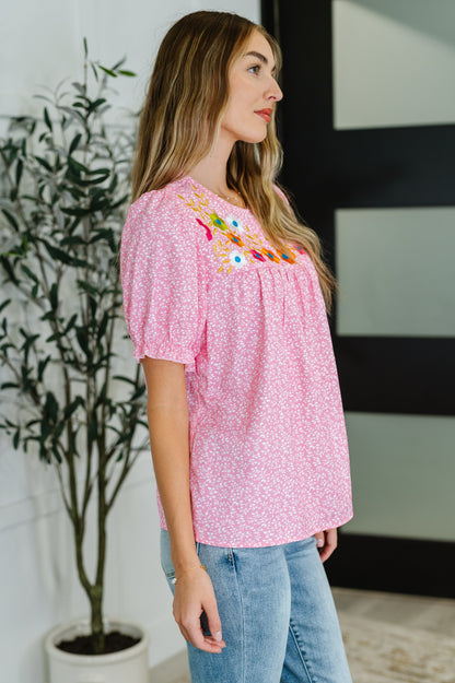 Wander Bloom Embroidered Puff Sleeve Blouse in Pink