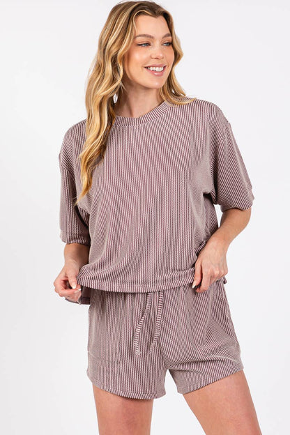 RIBBED ROUND NECK TOP AND SHORTS SET