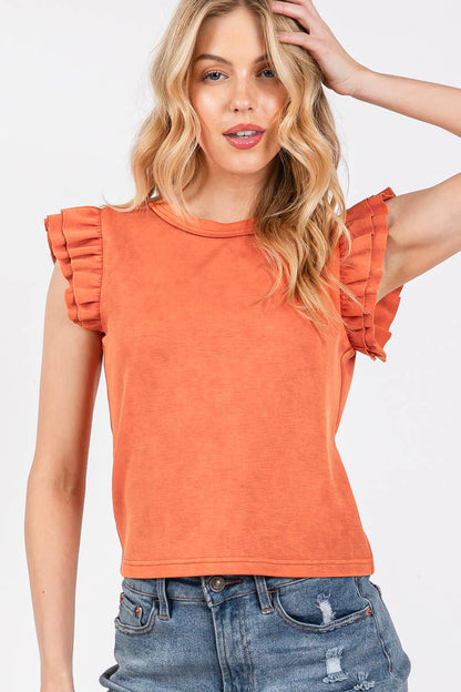 Washed Ruffle Sleeve Top