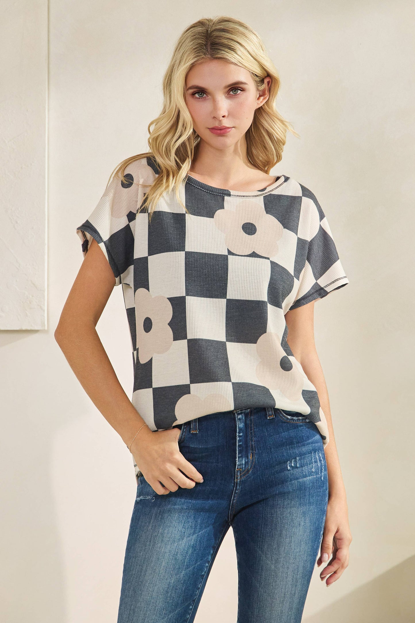 Floral Checkered Knit Top
