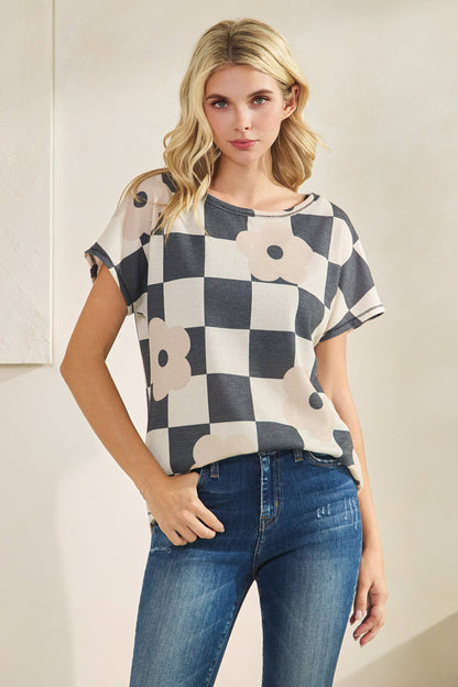 Floral Checkered Knit Top