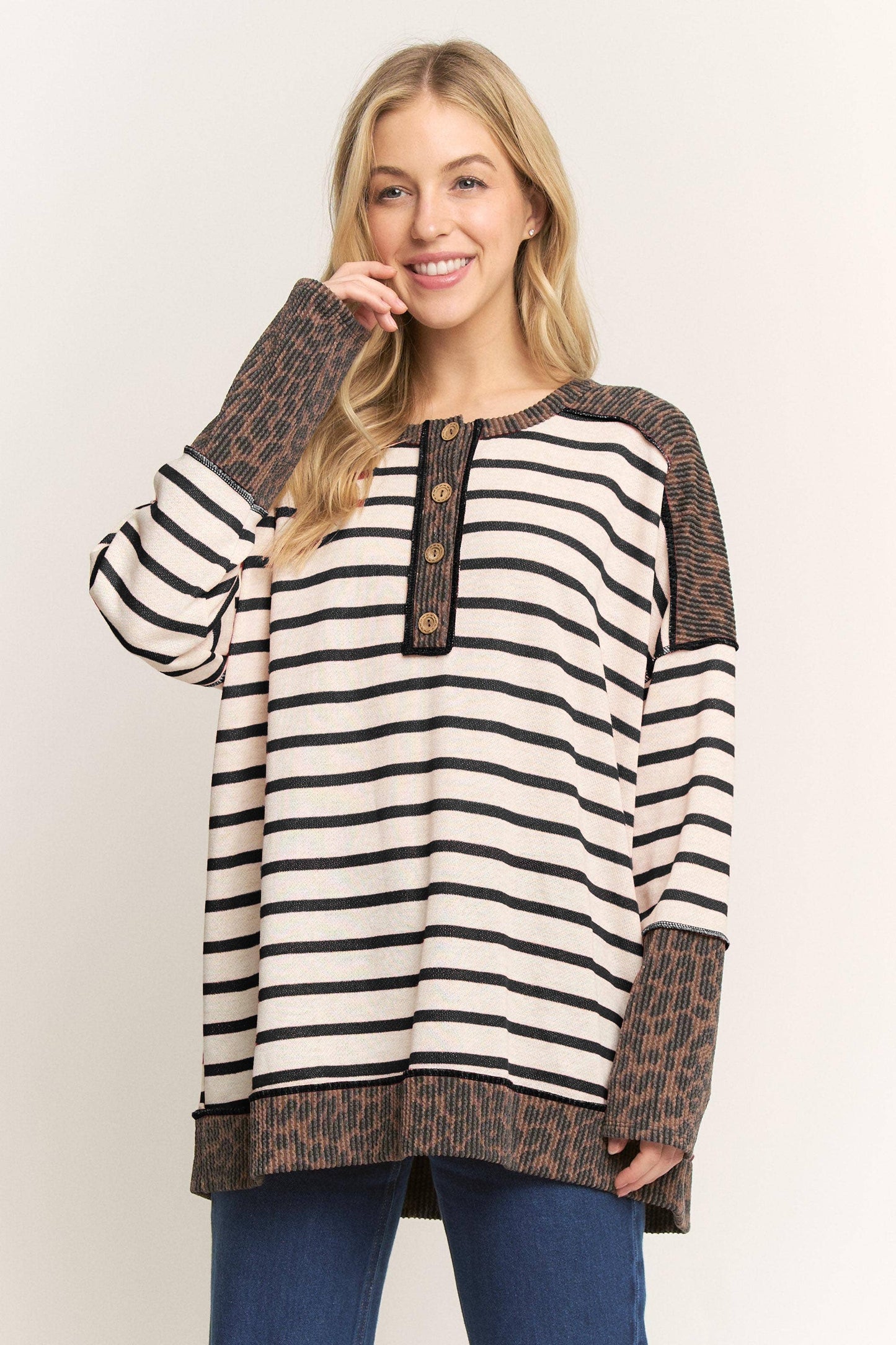 STRIPE & LEOPARD HENLEY - Plus
