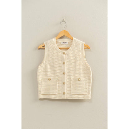 Textured Button Vest With Pocket