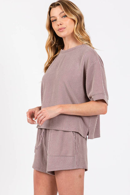 RIBBED ROUND NECK TOP AND SHORTS SET