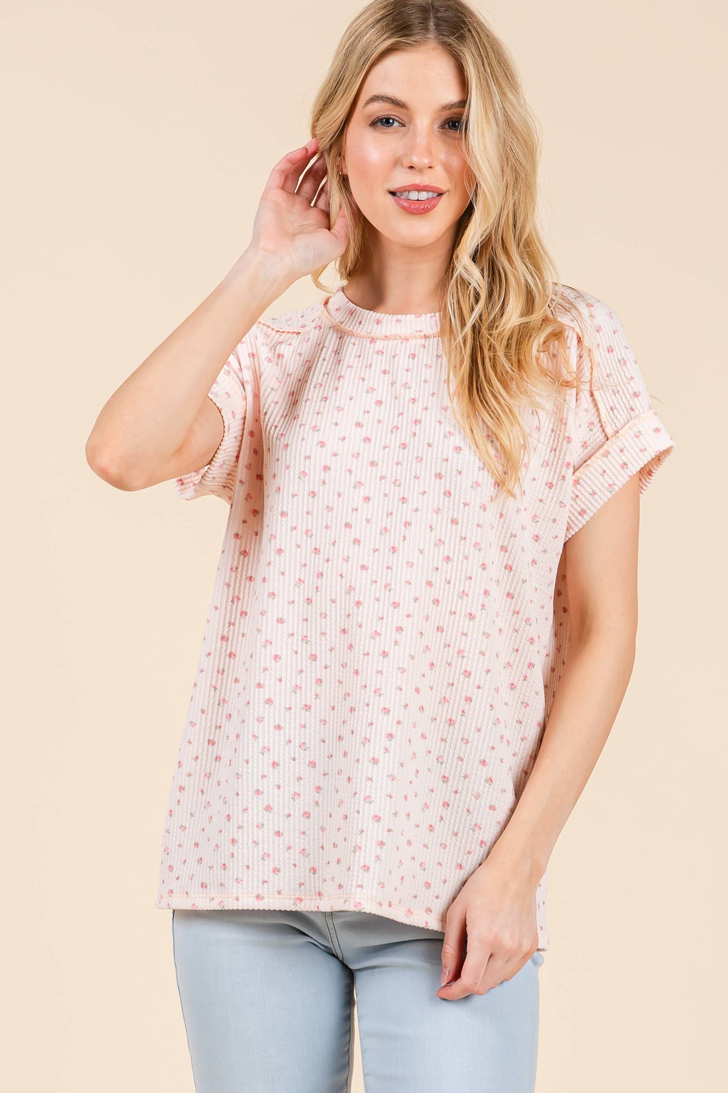 Pink Floral Rib Knit Tee