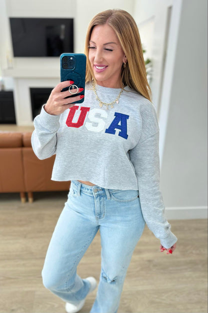 PREORDER: Cropped Length Embroidered Glitter USA Sweatshirt