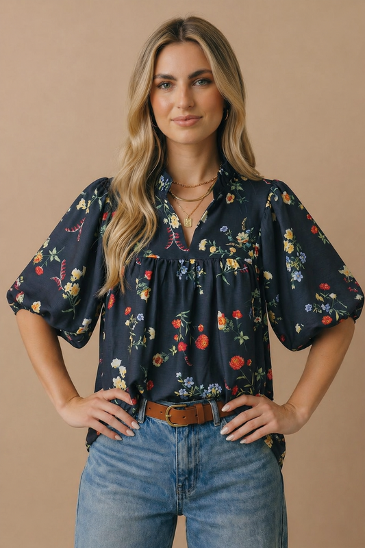 Plus Notch Neck Floral Empire Waist Woven Top