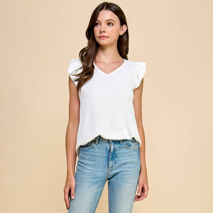 Solid Top with V neck Detail and Ruffled Sleeves