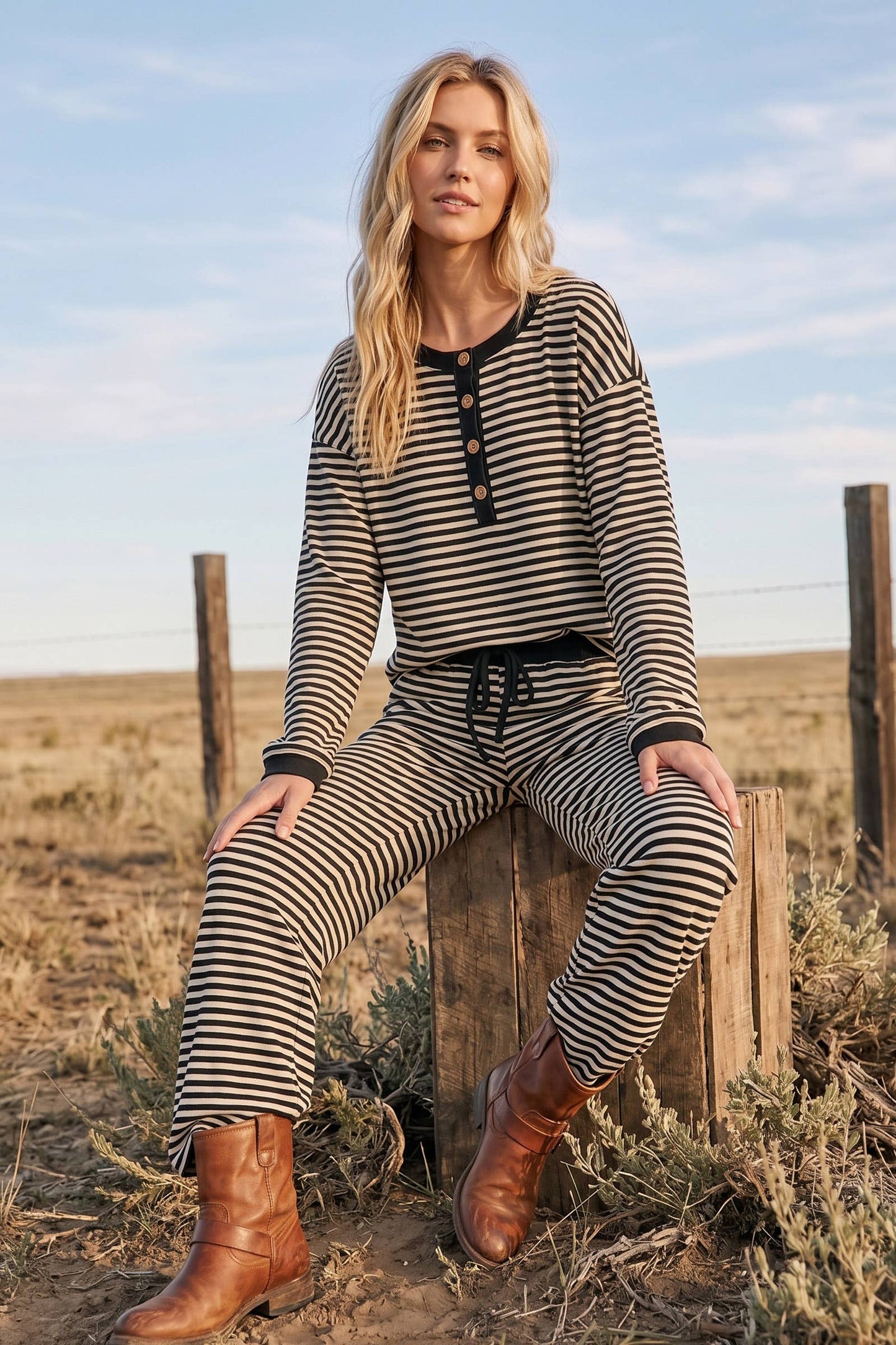 Striped Button Henley Brushed Lounge Set