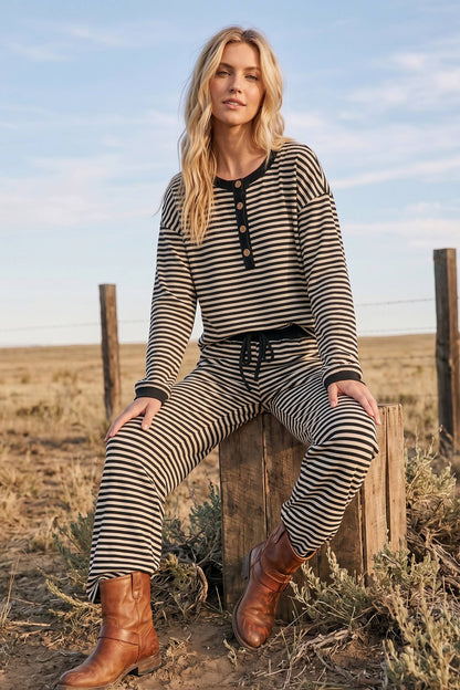 Striped Button Henley Brushed Lounge Set
