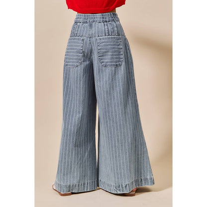 STRIPE DENIM WIDE LEG JEANS WITH BUTTON CLOSURE