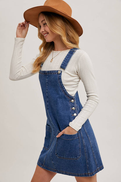 DENIM OVERALL MINI DRESS WITH POCKETS