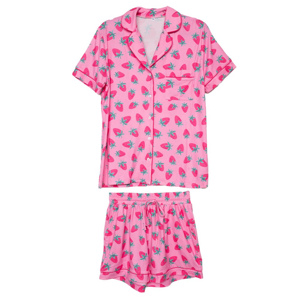 Pink Strawberry Print Pajama Sets for Women