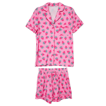 Pink Strawberry Print Pajama Sets for Women