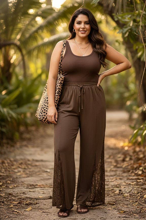 Plus Lace Panel Wide-Leg Pants