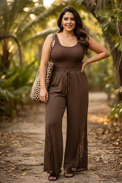Plus Lace Panel Wide-Leg Pants