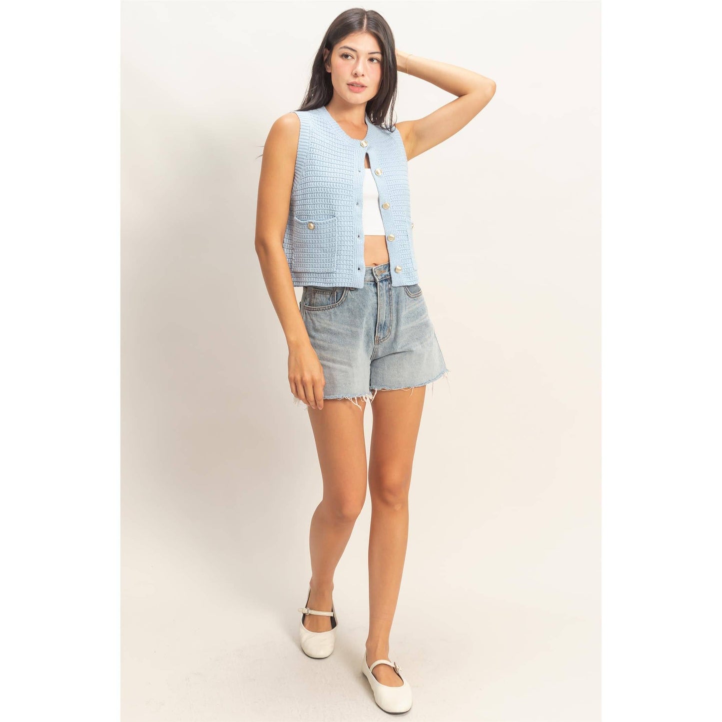 Textured Button Vest With Pocket