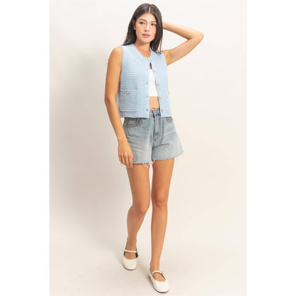 Textured Button Vest With Pocket