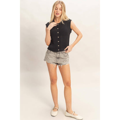 Sleeveless Ribbed Button Top