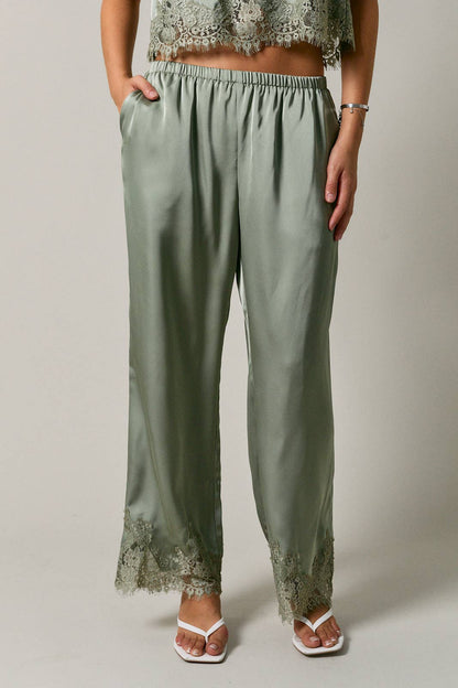 ELASTIC WAIST LACE TRIM WIDE LEG PANTS