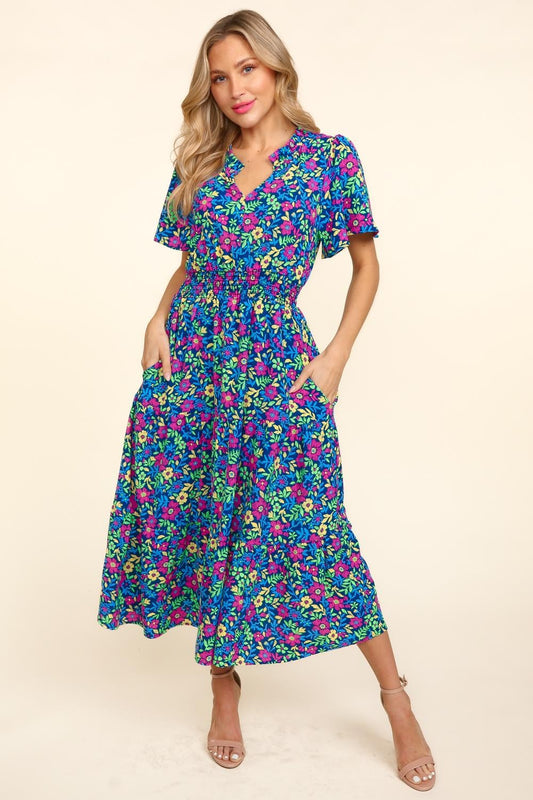 Haptics Printed Notched Short Sleeve Dress with Pockets