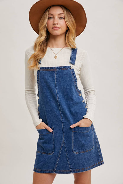 DENIM OVERALL MINI DRESS WITH POCKETS