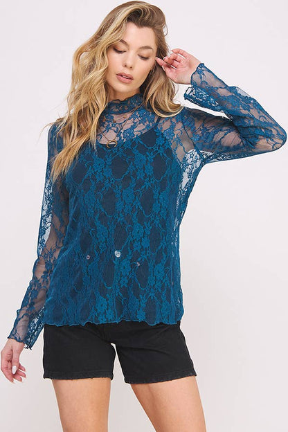 Floral print lace long sleeves top KRT1739 (Plus available)
