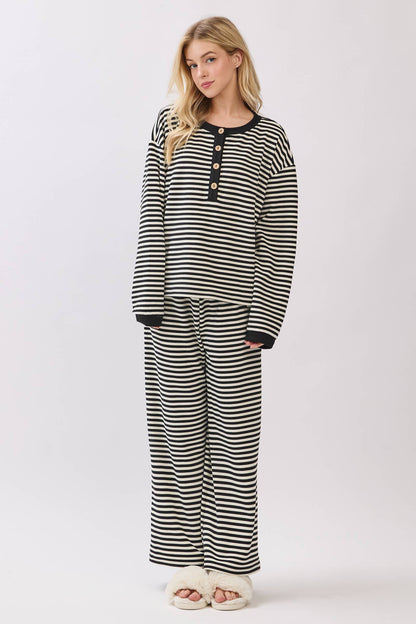 Striped Button Henley Brushed Lounge Set