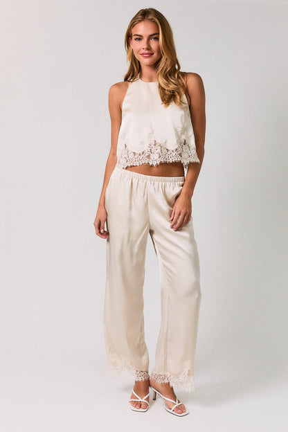 ELASTIC WAIST LACE TRIM WIDE LEG PANTS