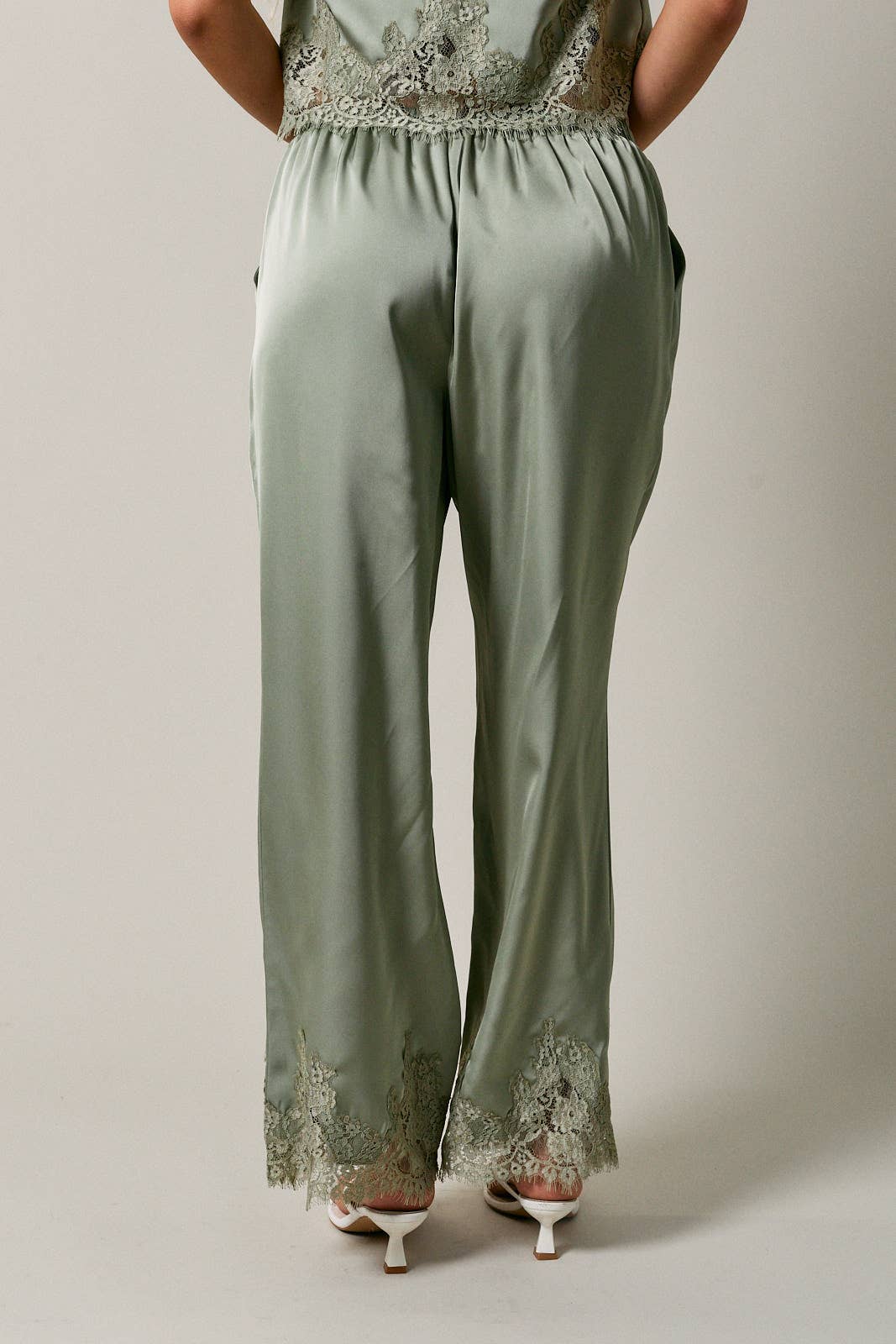 ELASTIC WAIST LACE TRIM WIDE LEG PANTS