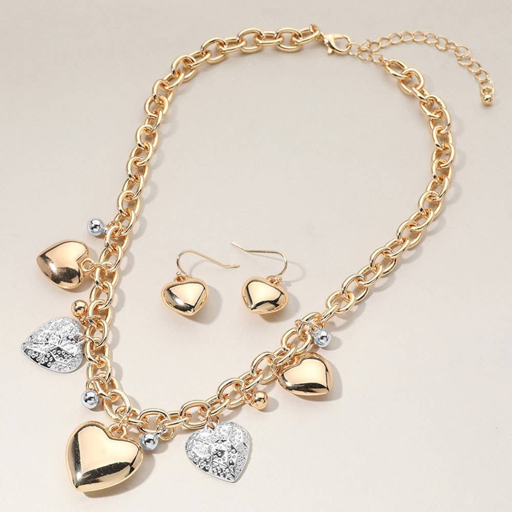 Metal Heart Charm Station Chunky Chain Necklace