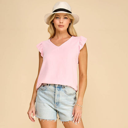 Solid Top with V neck Detail and Ruffled Sleeves