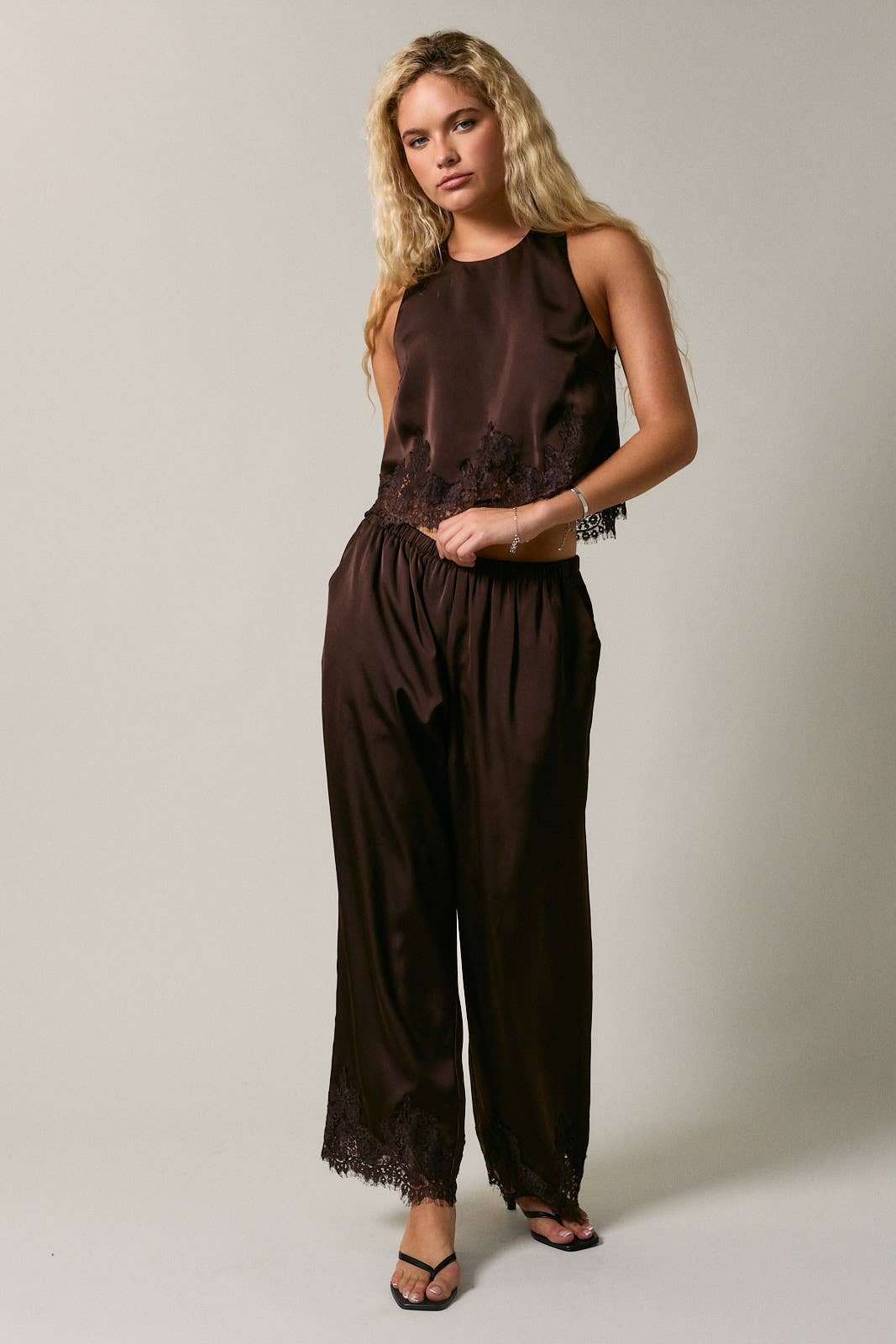 ELASTIC WAIST LACE TRIM WIDE LEG PANTS