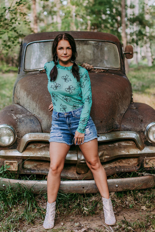 Turquoise 3D Bow LS Mesh Top