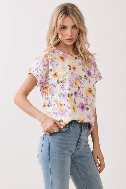 Floral Ribbed Short Sleeve Knit Top