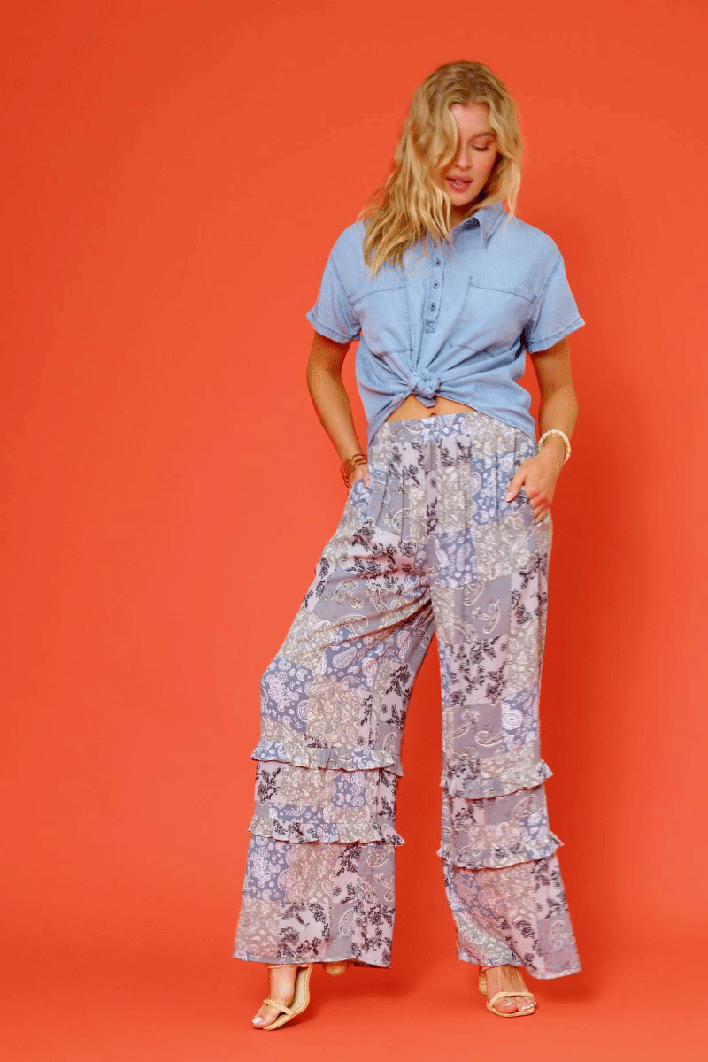 Ruffle Paisley Wide Leg Pants