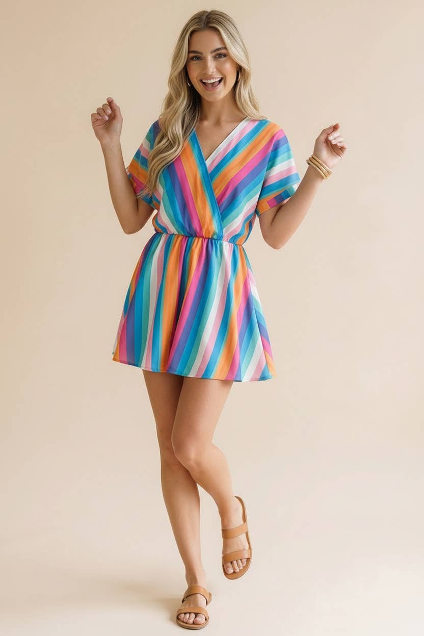 Plus V Neck Multi Stripe Romper