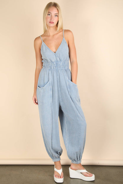 NP70837-Mineral Washed Cotton Gauze Casual Jumpsuit