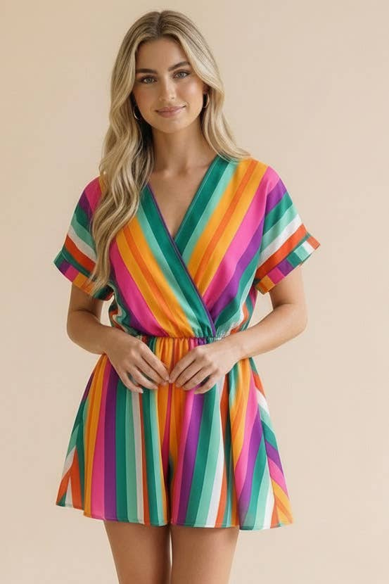 V Neck Multi Stripe Romper