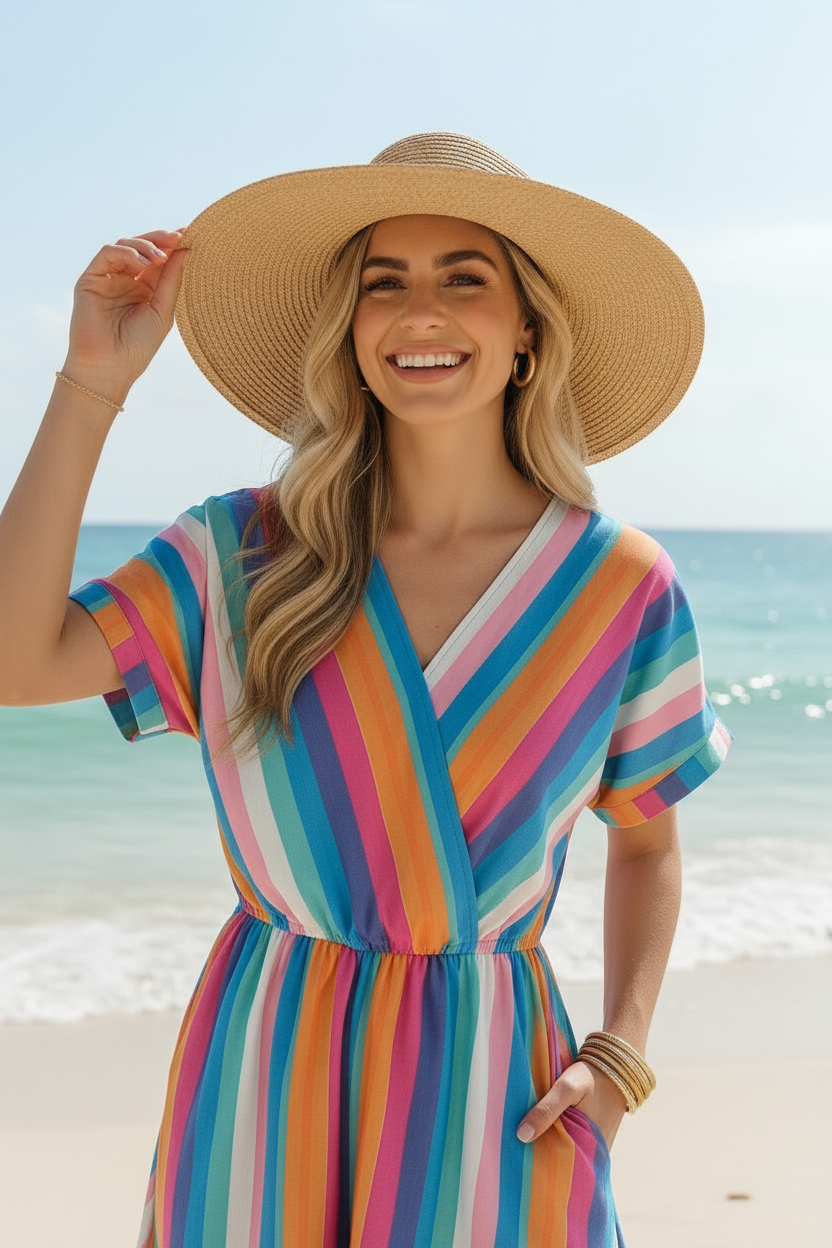 V Neck Multi Stripe Romper