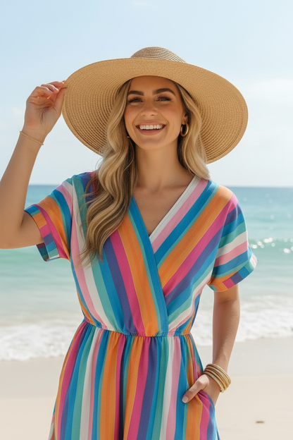V Neck Multi Stripe Romper