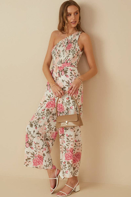 Floral Smocked One Shoulder Jumpsuit